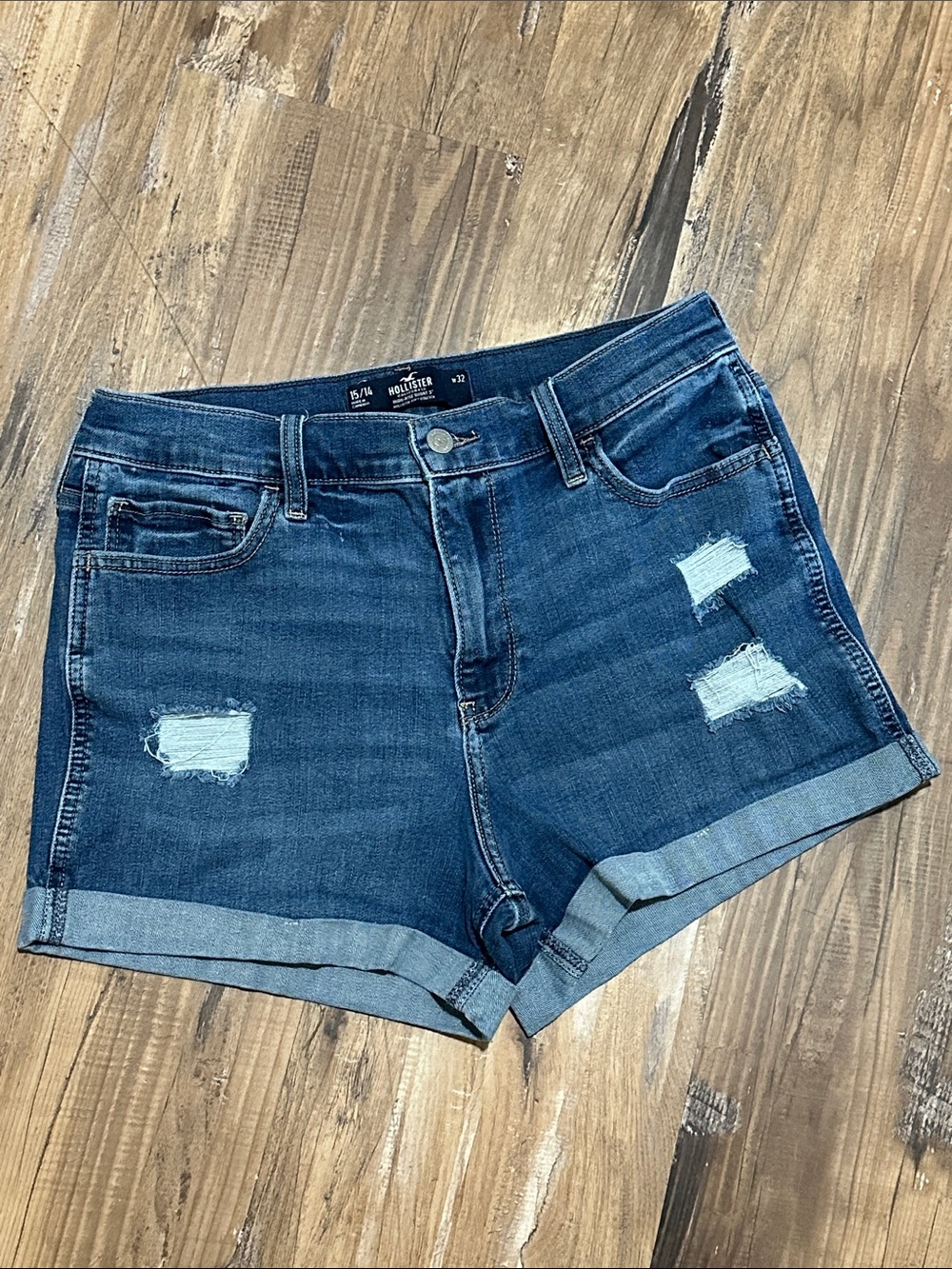 Hollister Dark Blue Distressed Rolled-Hem Denim Shorts